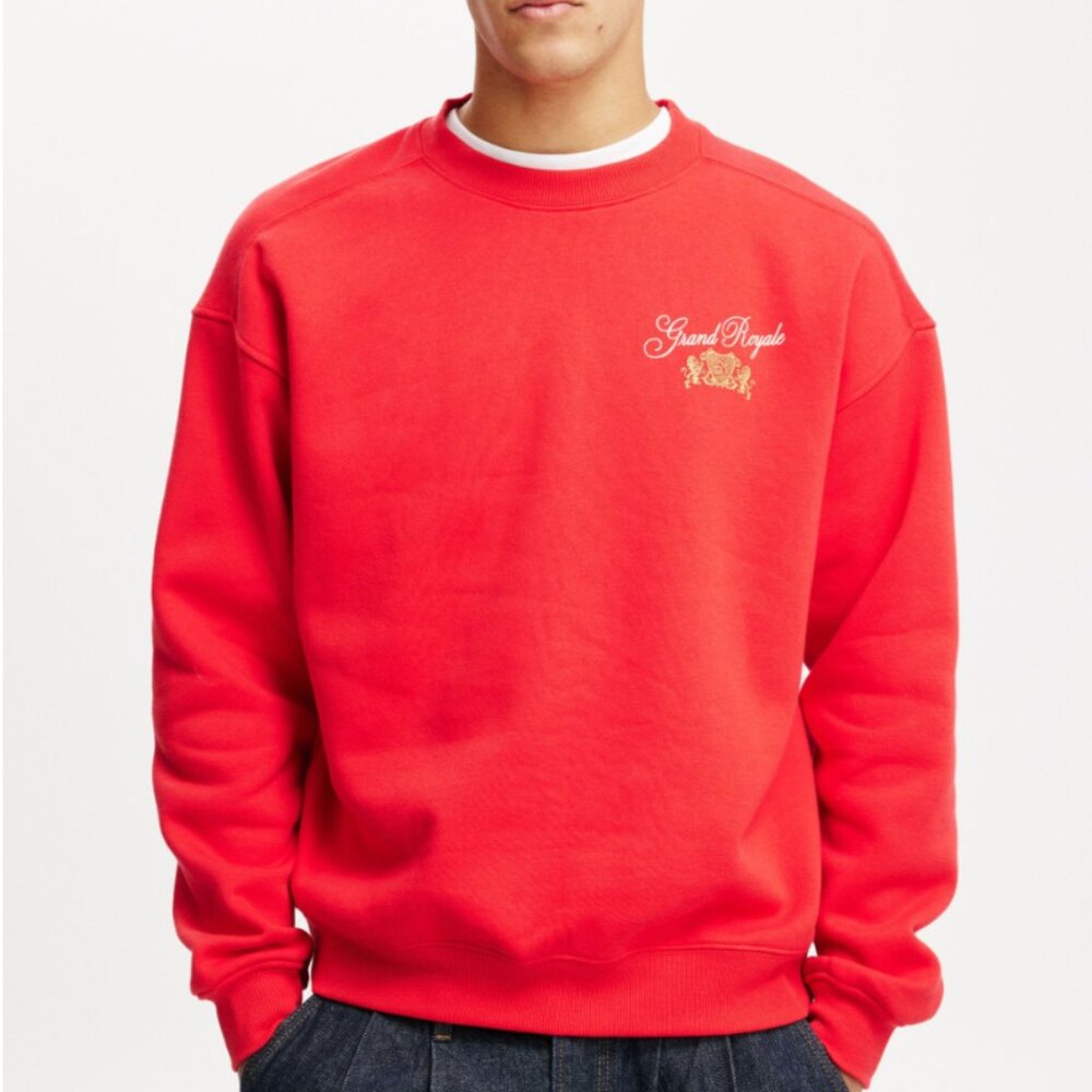 Cotton On Men Box Fit Graphic Crew Sweater Grand Royal Poppy Size S